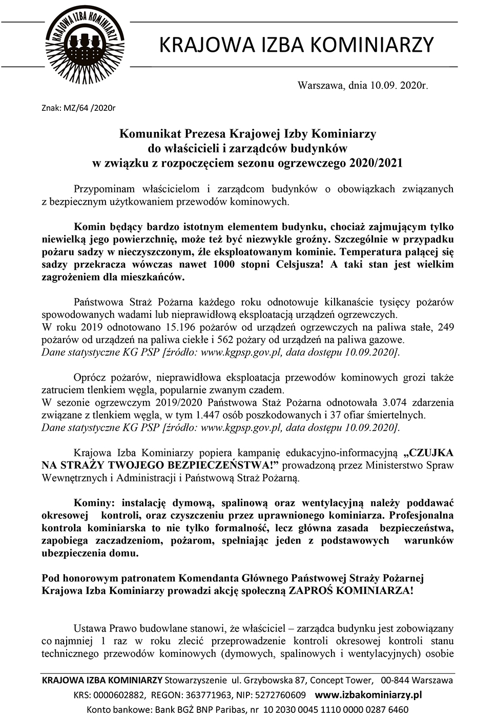 Komunikat Prezesa Krajowej Izby Kominiarzy 2020 MZ 64 1 v1