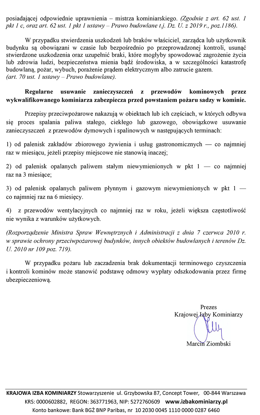 Komunikat Prezesa Krajowej Izby Kominiarzy 2020 MZ 64 2