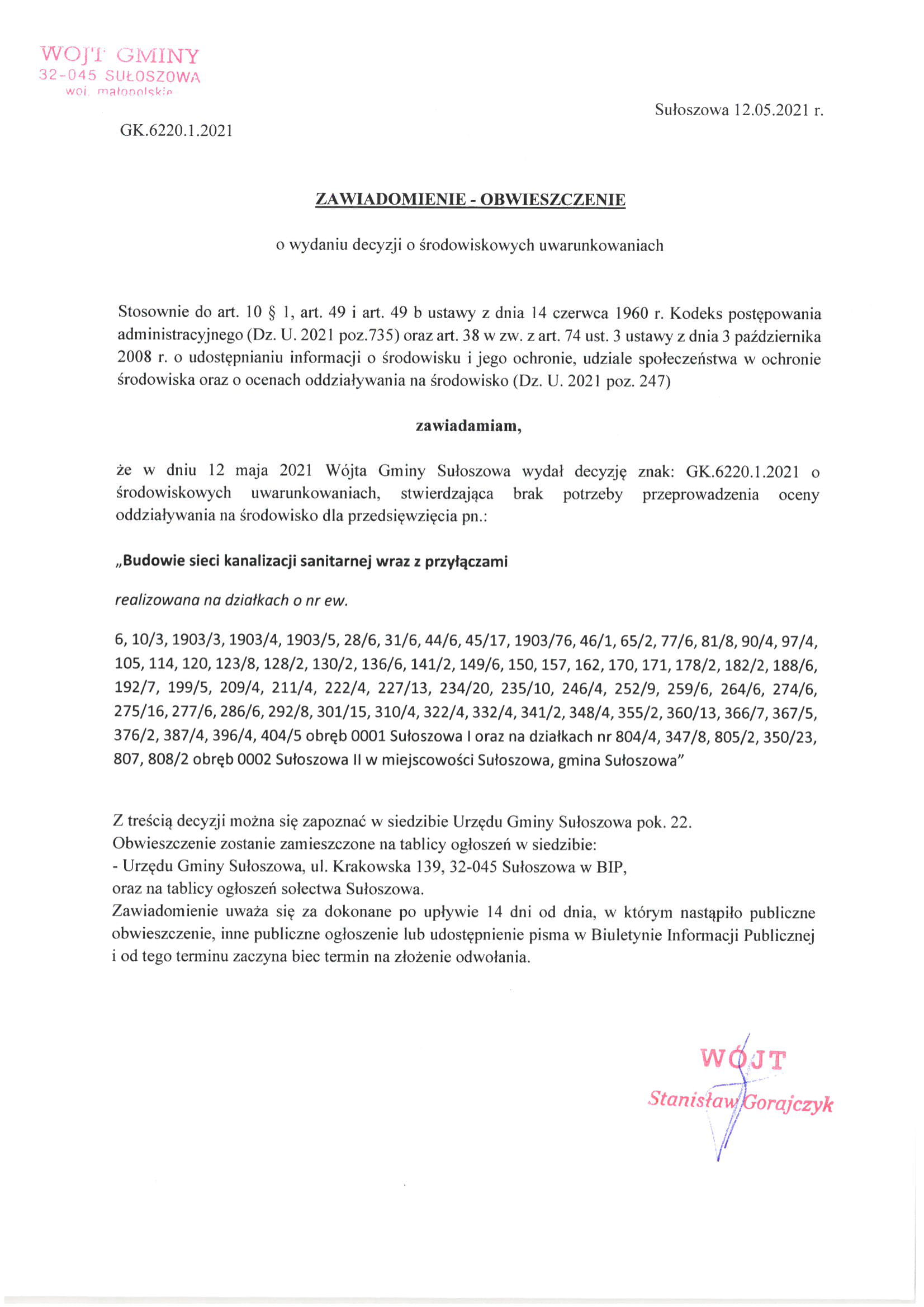 Obwieszczenie o wydaniu decyzji 