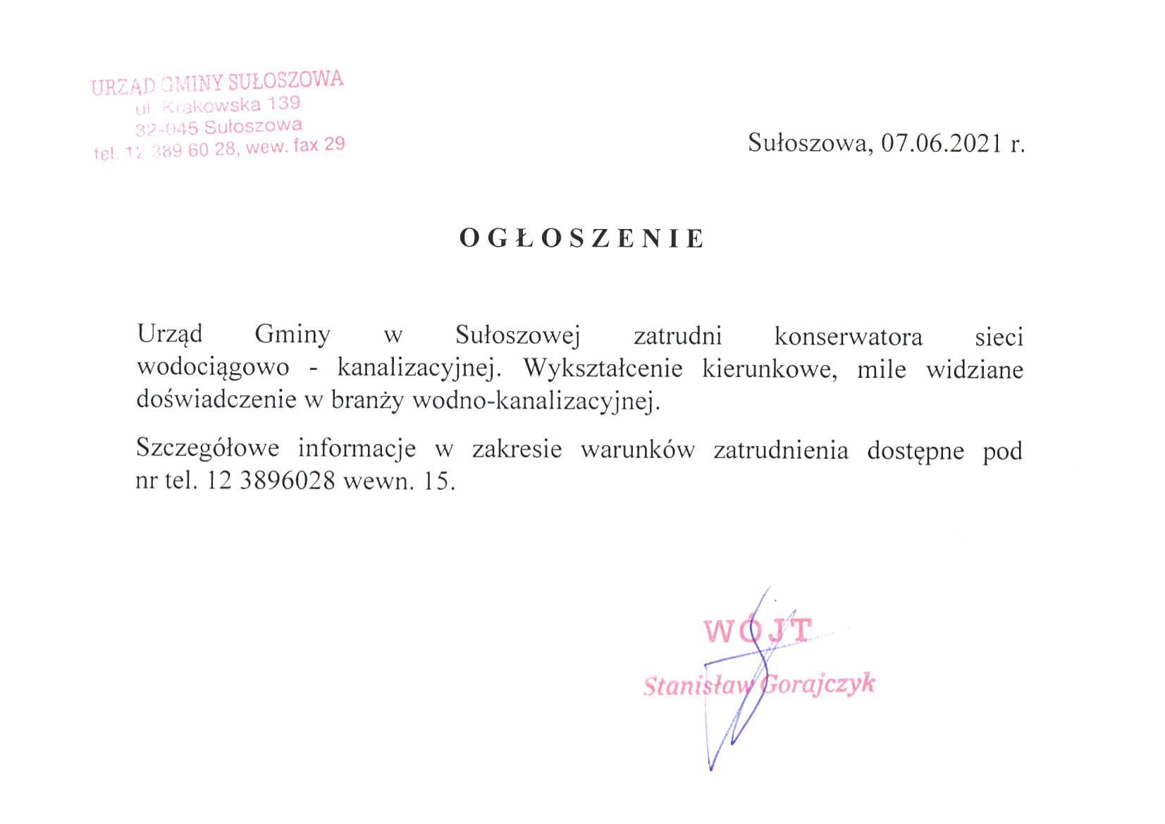 Ogłoszenie praca konserwator sieci wodociągowo kanalizacyjnej Urząd Gminy Sułoszowa 1