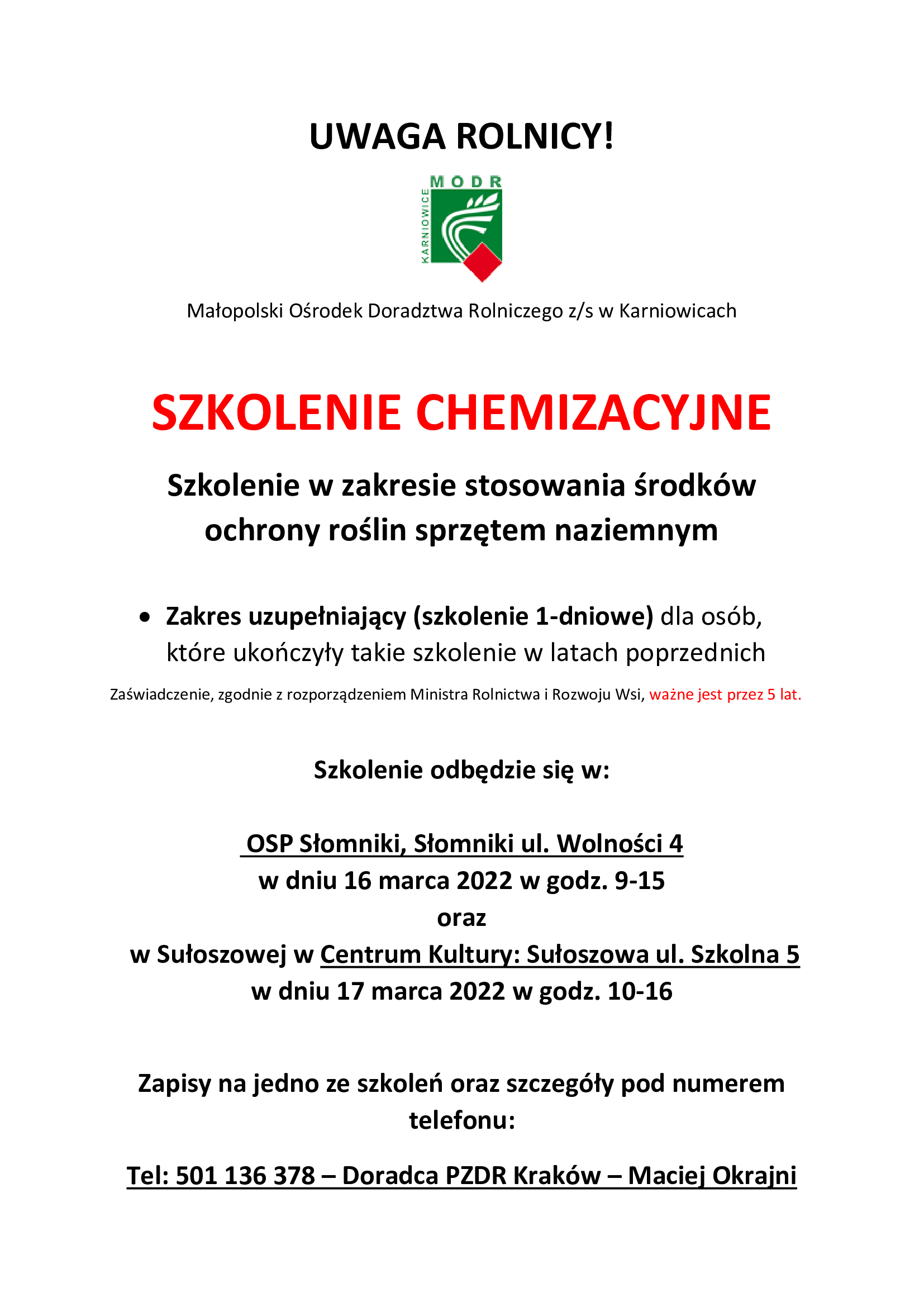 UWAGA ROLNICY plakat szkolenie chemi