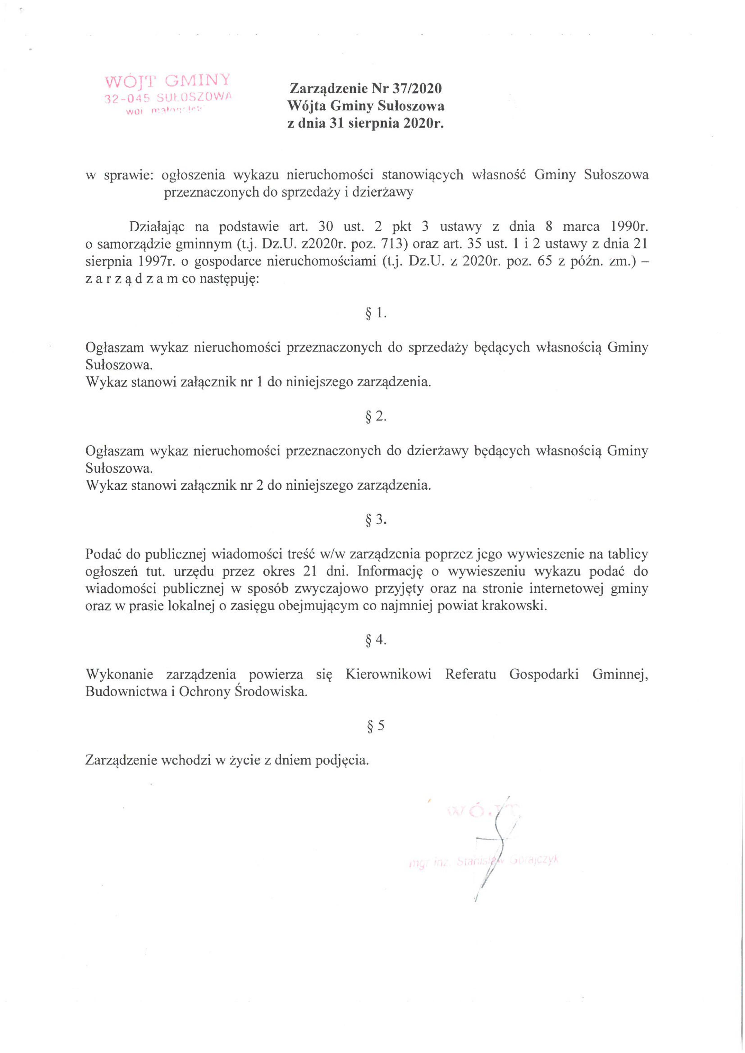 Zarządzenie 37 2020 zarządzenie z dnia 31.08.2020