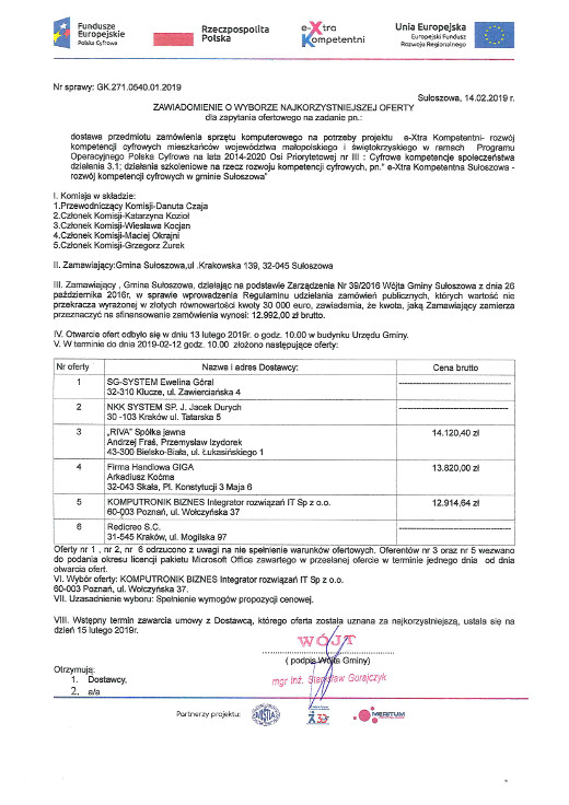 eXtra ZAWIADOMIENIE O WYBORZE NAJKORZYSTNIEJSZEJ OFERTY