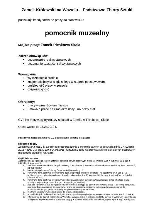 oferta pracy pomocnik muzealny 2019