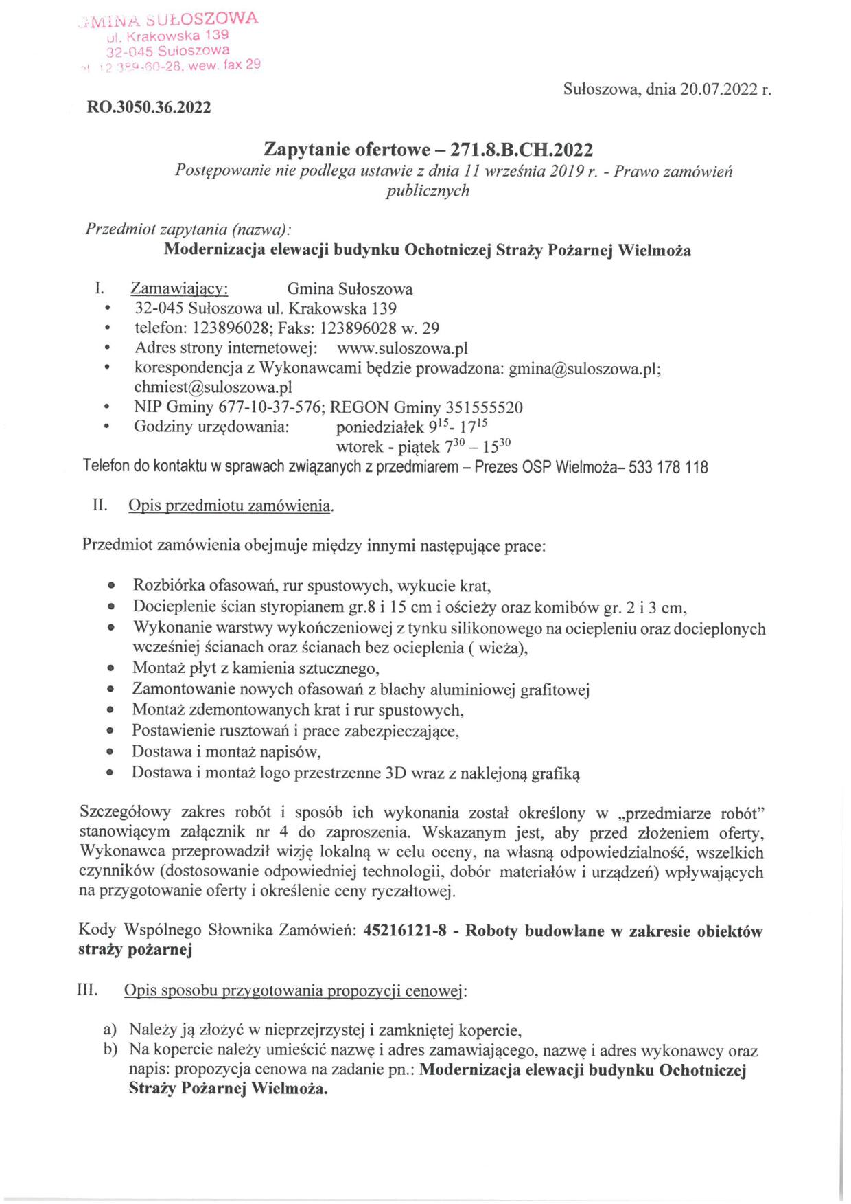 zaproszenie do składania ofert Modernizacja OSP Wielmoża
