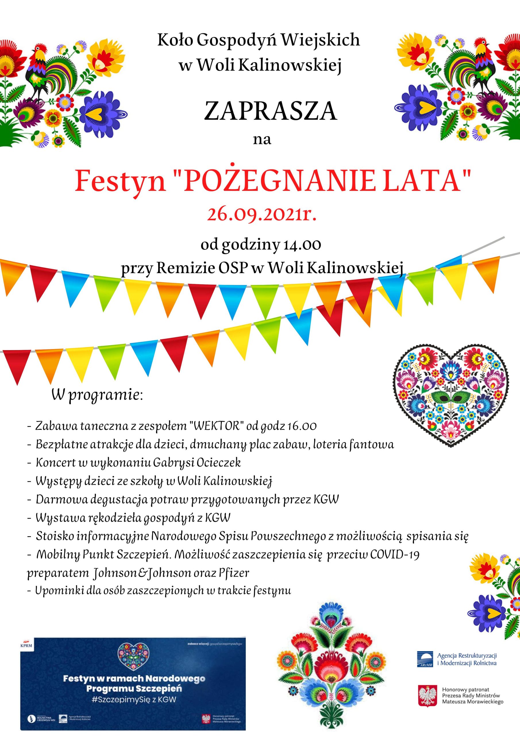 Koło Gospodyń Wiejskich w Woli Kalinowskiej zaprasza na Festyn „Pożegnanie Lata”
