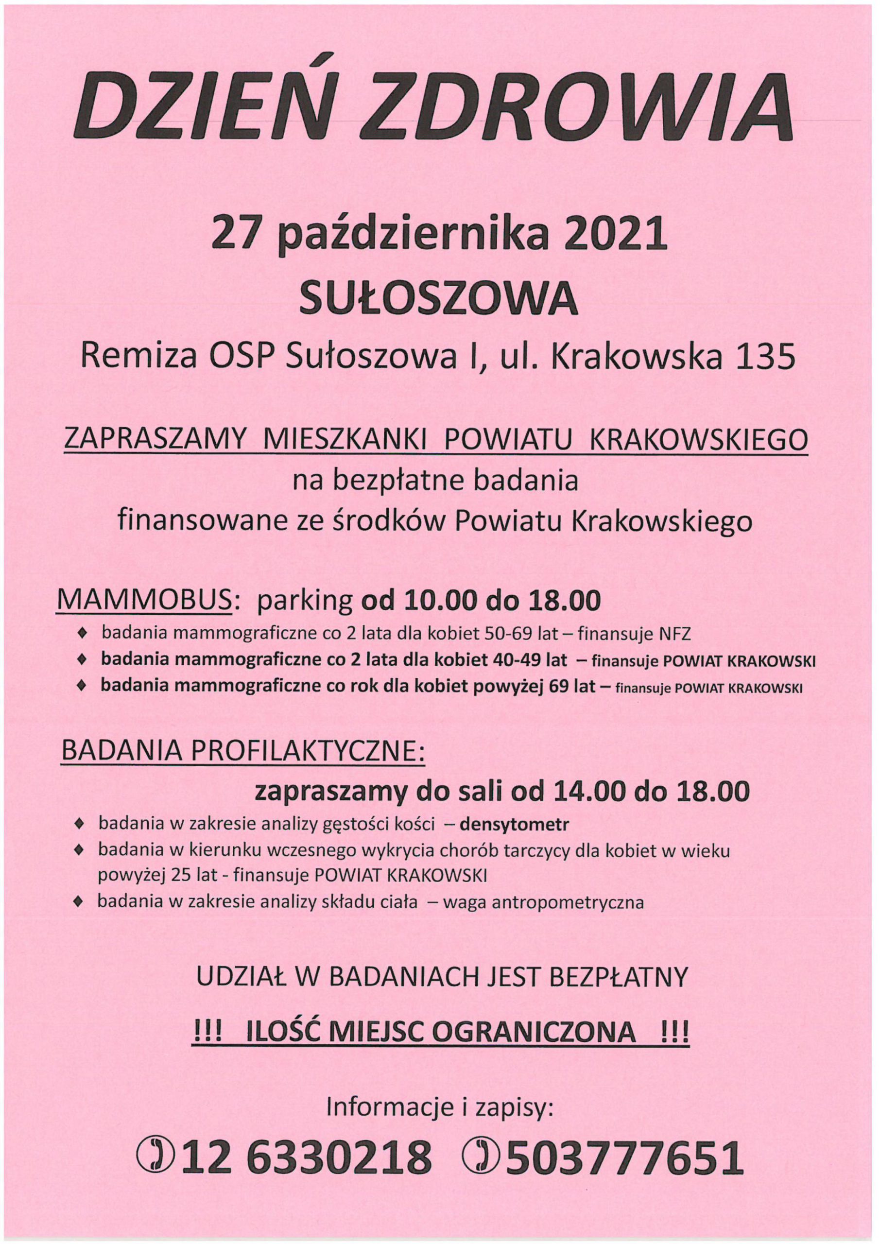 Dzień Zdrowia- Zaproszenie na bezpłatne badania 27 październik 2021r.