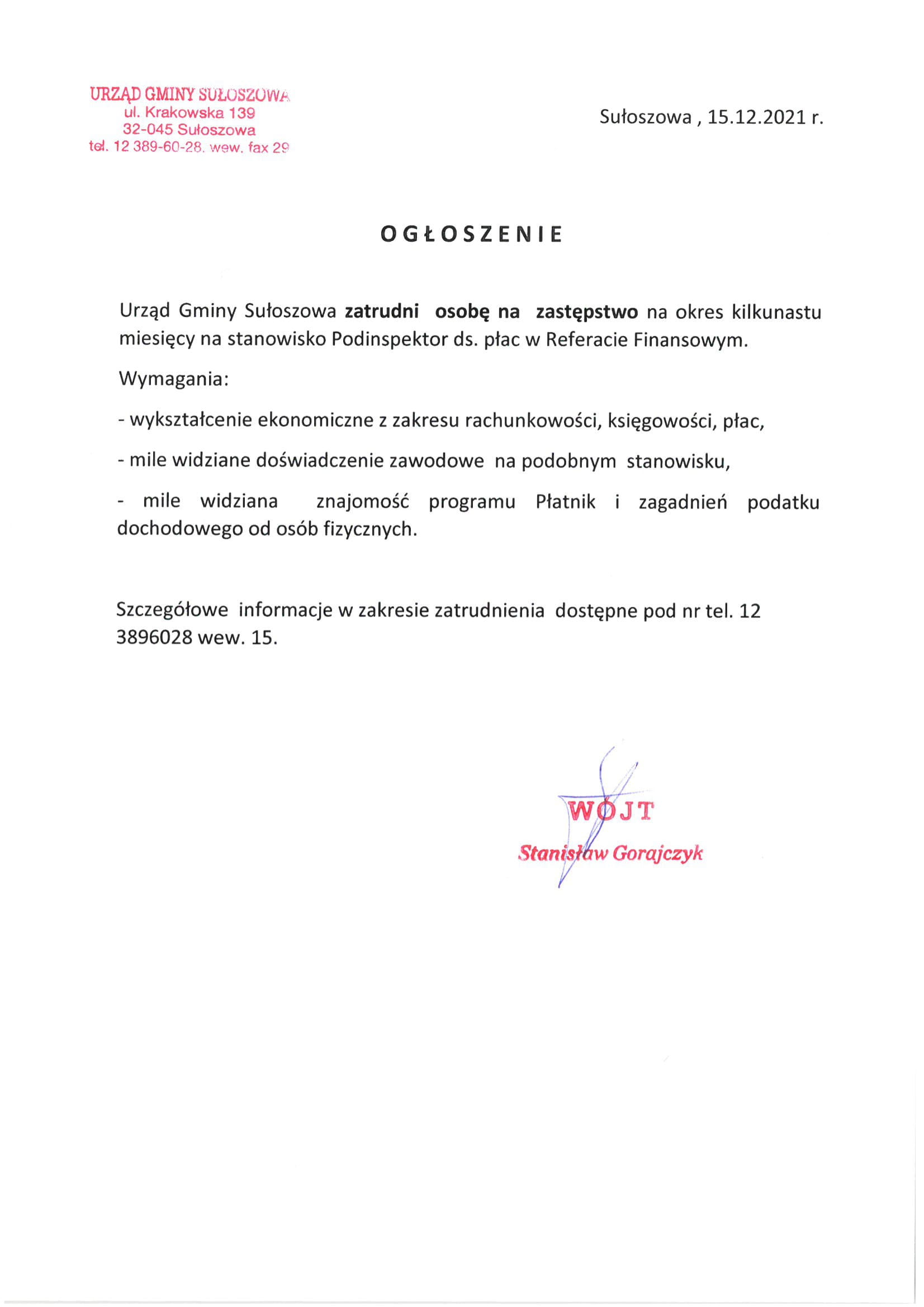 Nabór na zastępstwo na stanowisko Podinspektor ds. płac w Referacie Finansowym