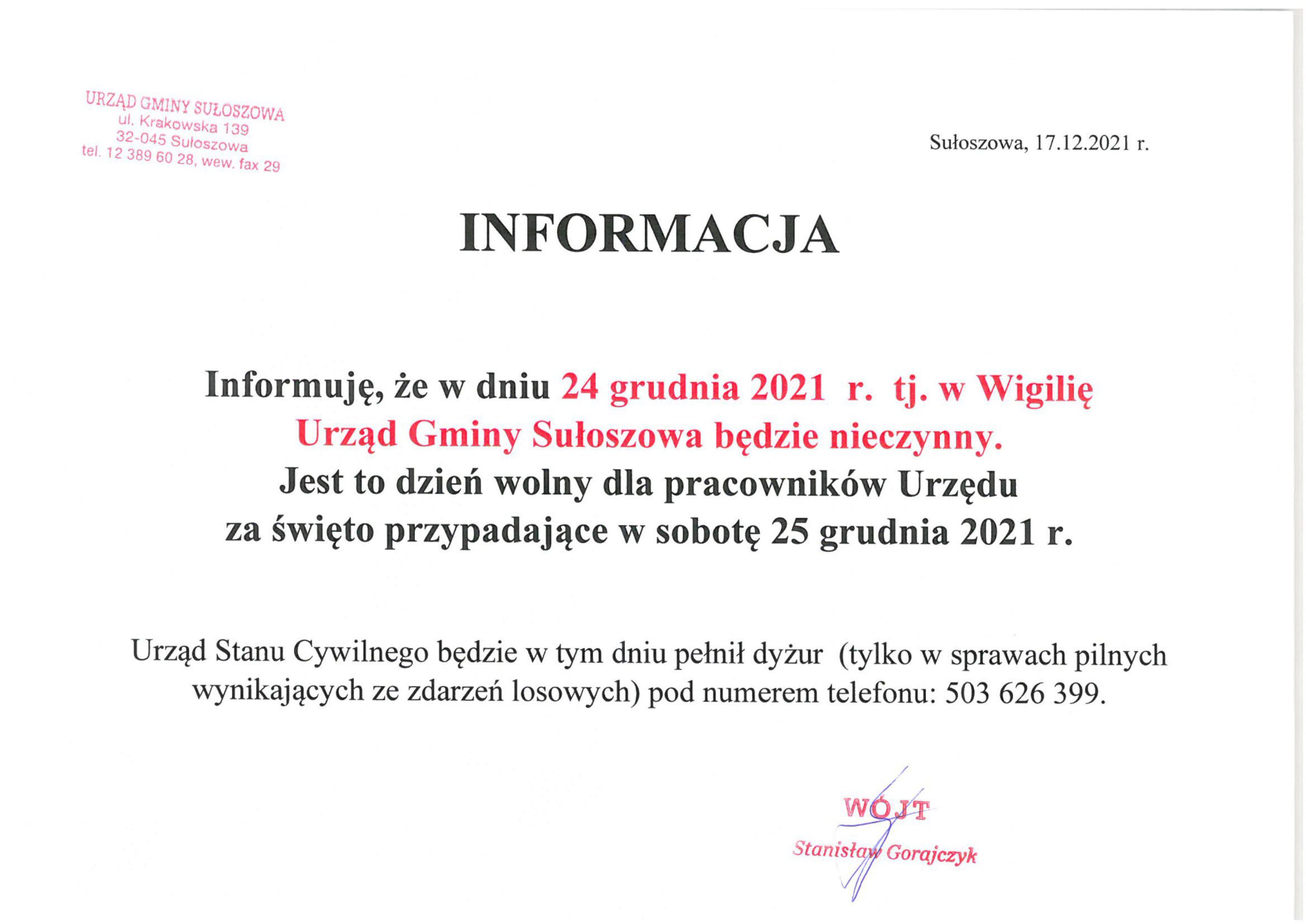 Informujemy, że w dniu 24.12.2021 Urząd Gminy Sułoszowa będzie nieczynny