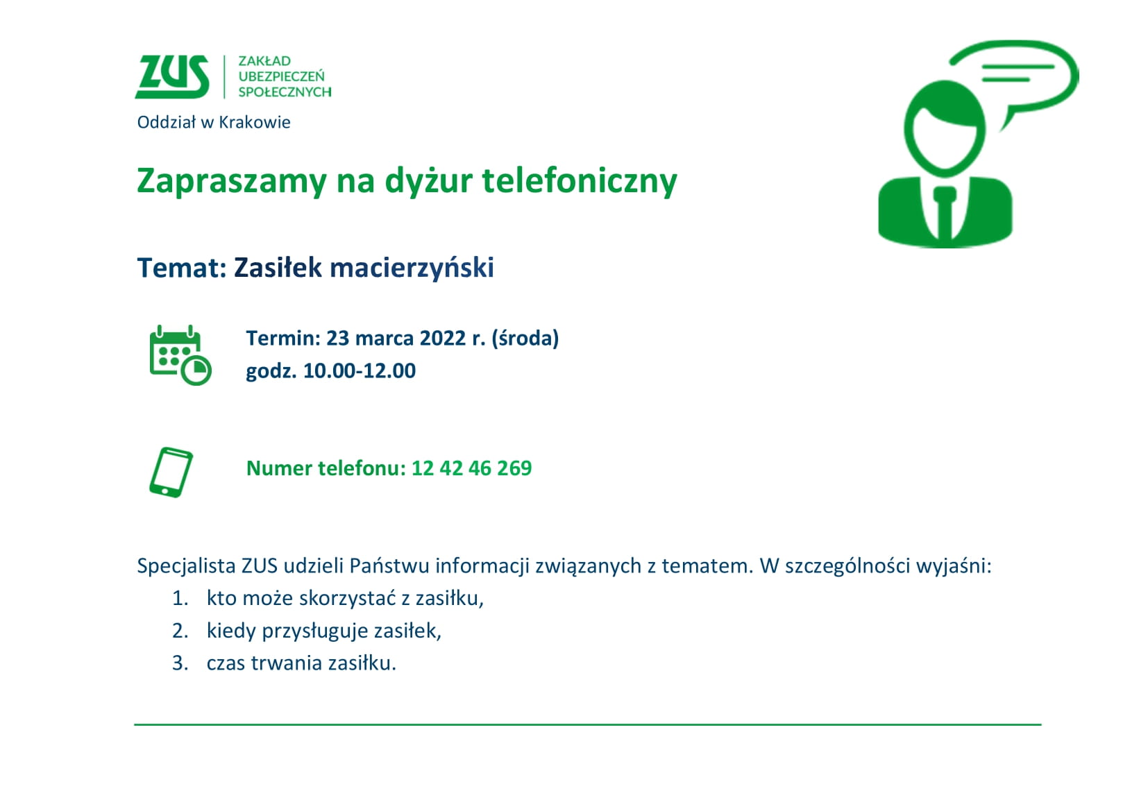 Zapraszamy na dyżur telefoniczny- zasiłek macierzyński
