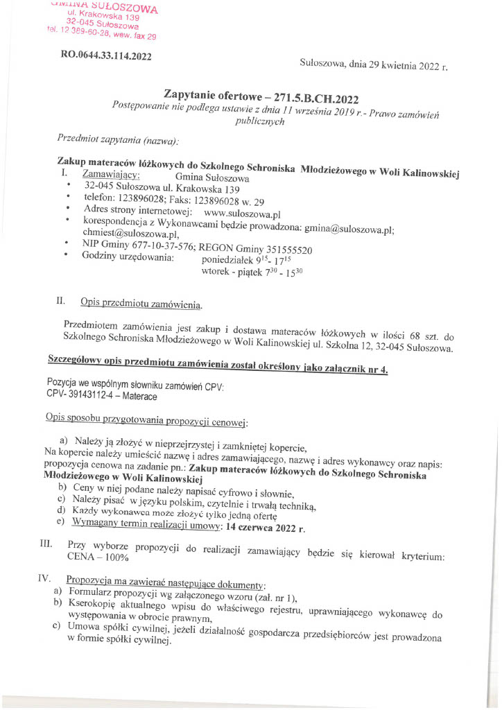 Zapytanie ofertowe – Zakup materaców łóżkowych do Szkolnego Schroniska Młodzieżowego w Woli Kalinowskiej