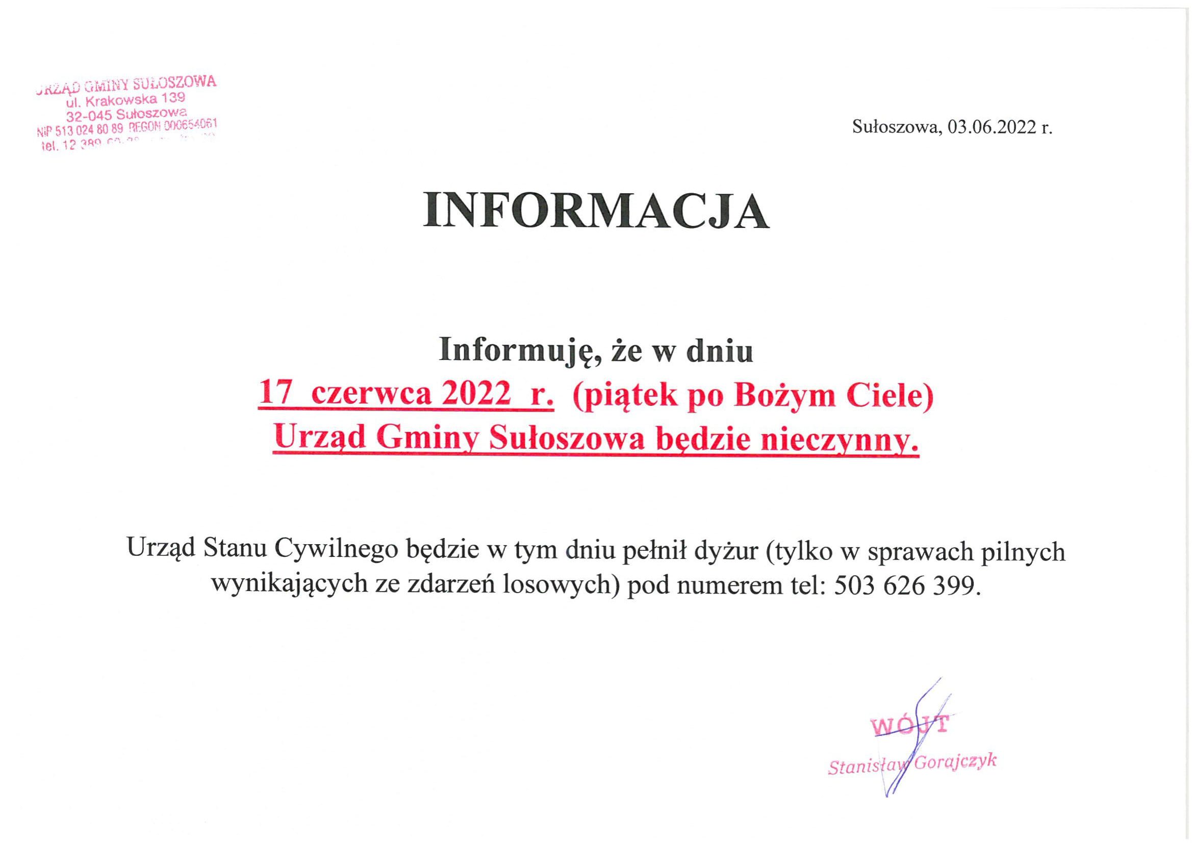W dniu 17 czerwca 2022 r. Urząd Gminy Sułoszowa będzie nieczynny.