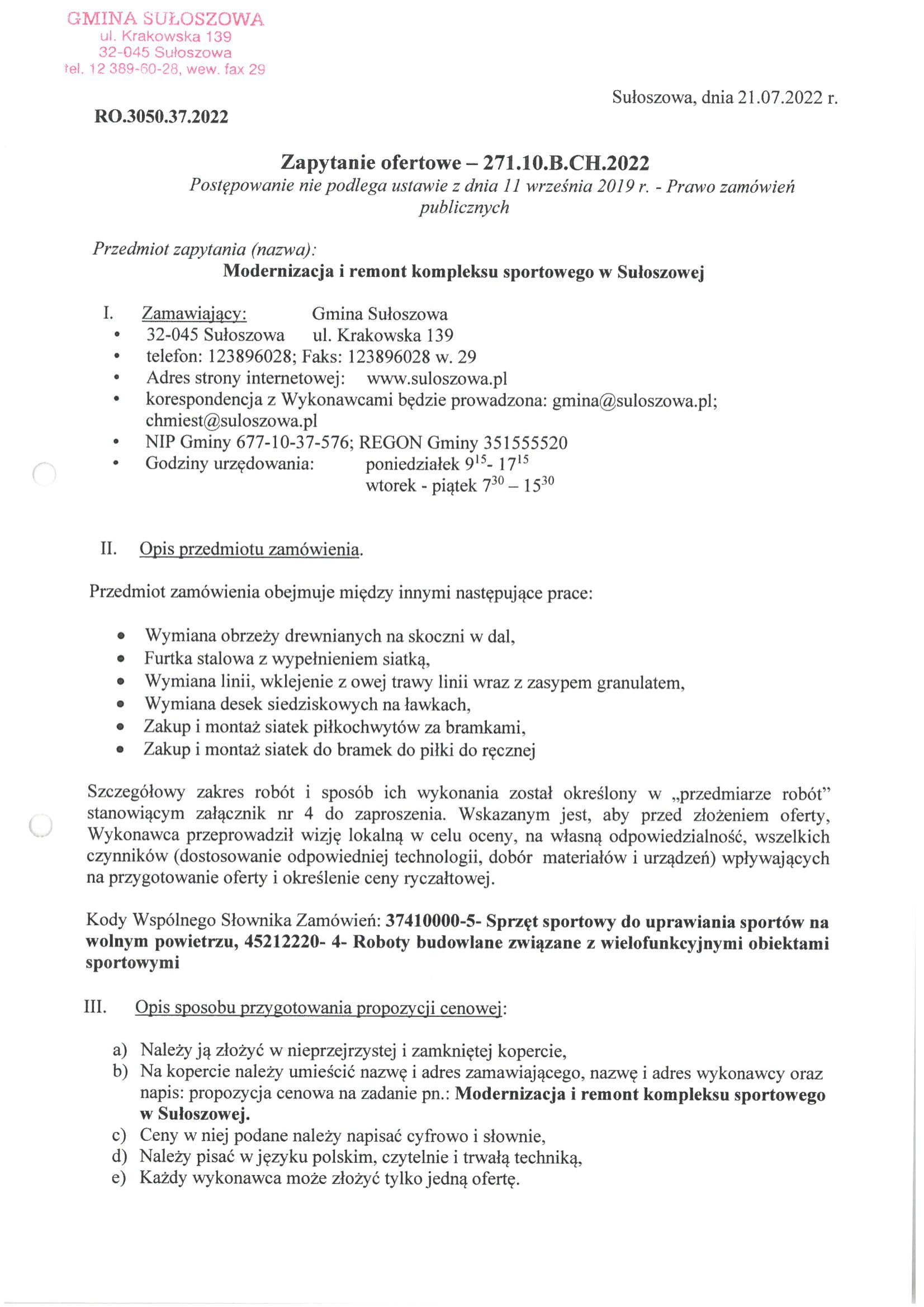 Zapytanie ofertowe na modernizację i remont kompleksu sportowego w Sułoszowej