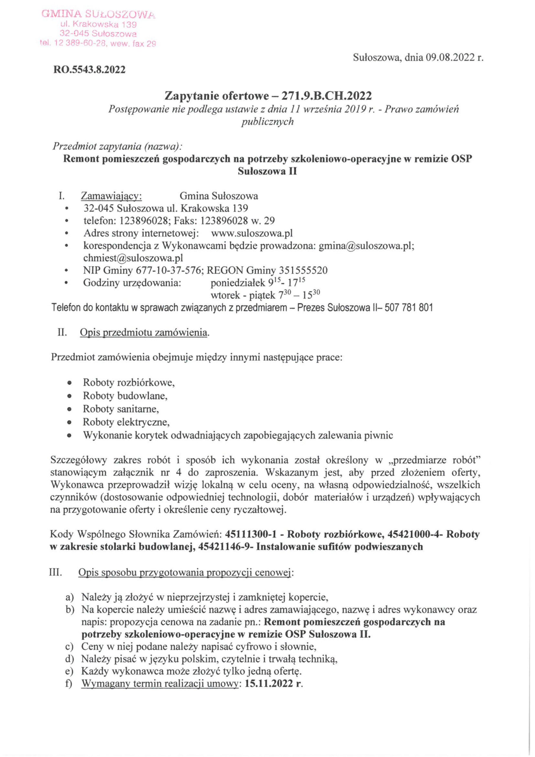 Zapytanie ofertowe na remont pomieszczeń gospodarczych na potrzeby szkoleniowo-operacyjne w remizie OSP Sułoszowa II