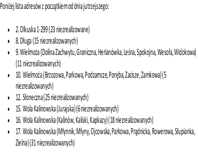 Informacja – wykaz adresów, gdzie będzie drugie podejście zamontowania wodomierza
