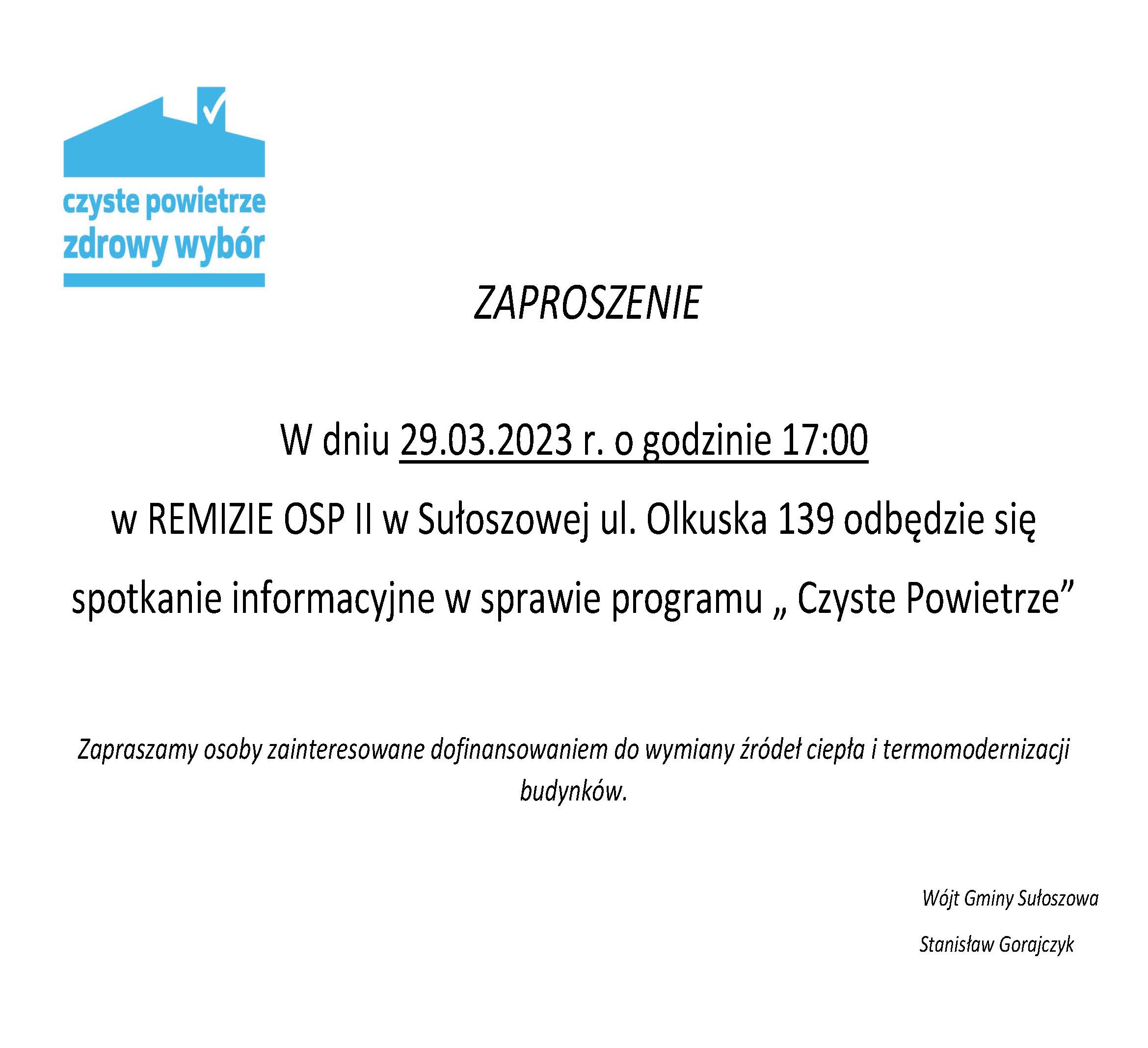 Zaproszenie na spotkanie informacyjne dotyczące programu „Czyste Powietrze”