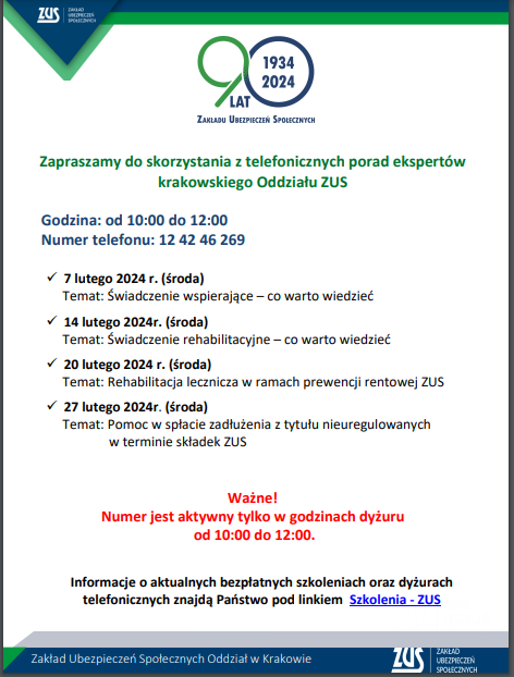 Numer telefonu 124246269 do krakowskiego oddziału ZUS dostępny w godzinach 10-12